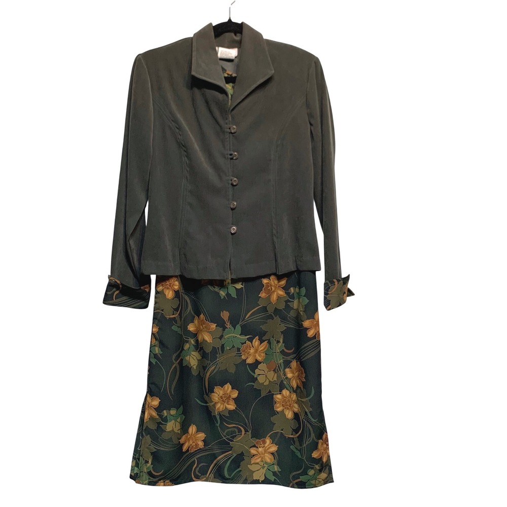 R&K Original Petite Dress Set 4P Green Autumn Wedding Guest Dark Academia